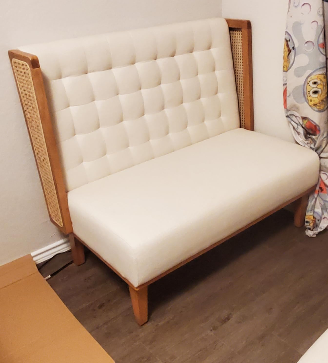 Andeworld Loveseat Settee Bench with Rattan Arms, Upholstered Modern Mini High-Back Sofa Couch, Banquette Dining Bench for Living Dining Room Bedroom Office Small Space Entryway, Beige customer photo 2