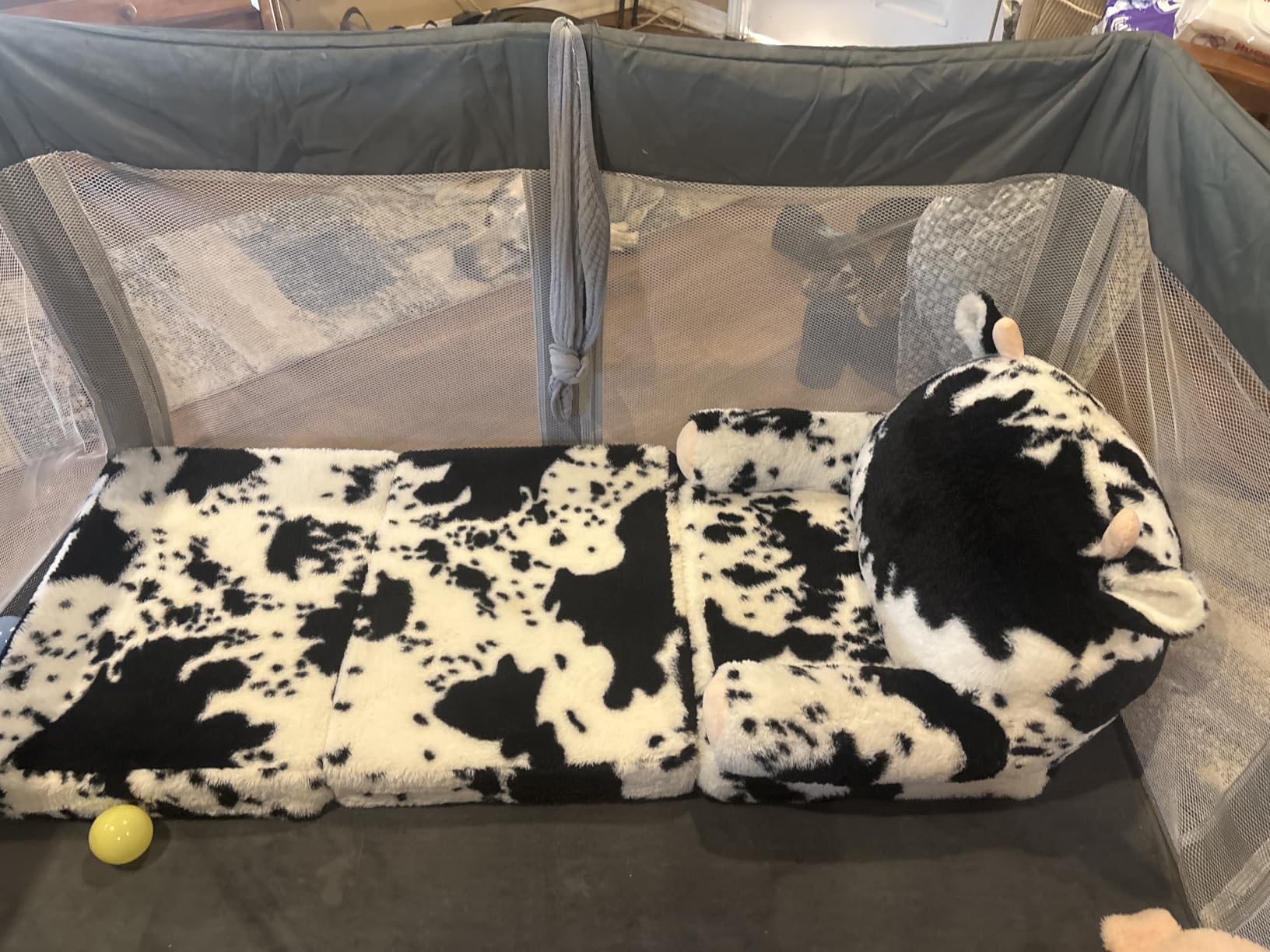 QIUODO Comfy Toddler Couch Chair, 2-in-1 Foldable Kids Sofa, Cow | Fold Out Toddler Couch with Faux Rabbit Fur, Soft Kids Sofa for Reading, Bedroom or Playroom customer photo 2