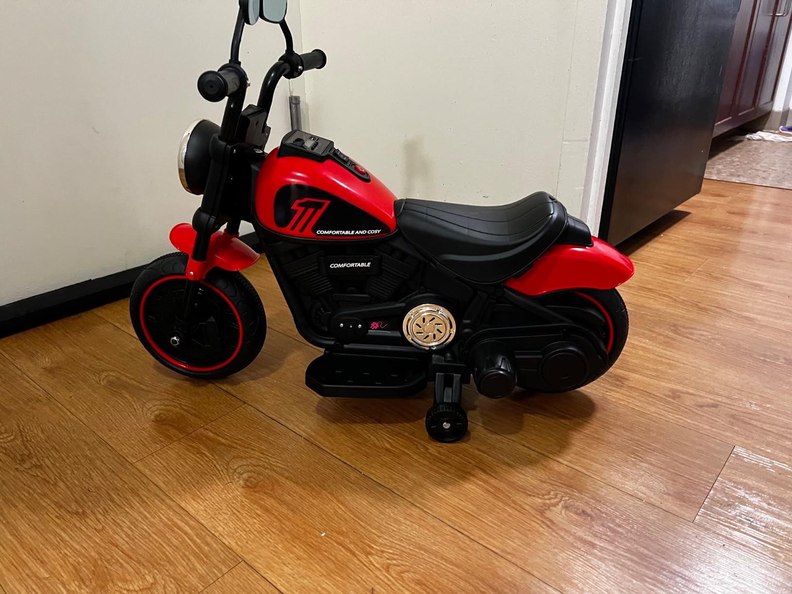 Costzon Toddler Motorcycle, 6V Battery Powered Electric Motorcycle with Detachable Training Wheels, Soft Start, Headlights & Music, Kids Motorcycle Ride on Toy for Toddlers Boys Girls 18+ Months (Red) customer photo 1