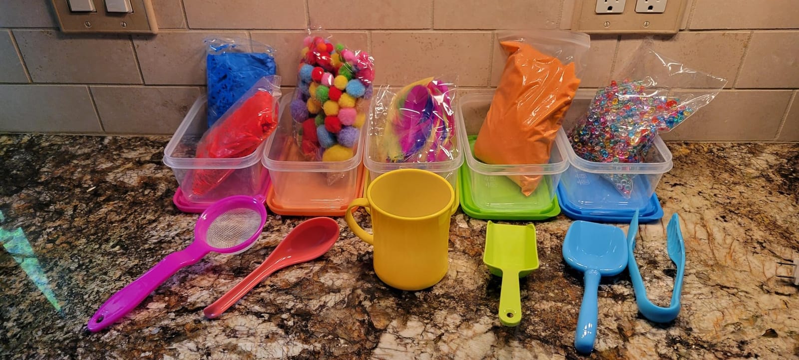 LOLO TOYS Sensory Kit for Toddlers and Kids - Includes 6 Bins with Lids, Play Tools, Sand, Feathers, Clay, Color Beads and Pom Poms Kids Box Fillers customer photo 2