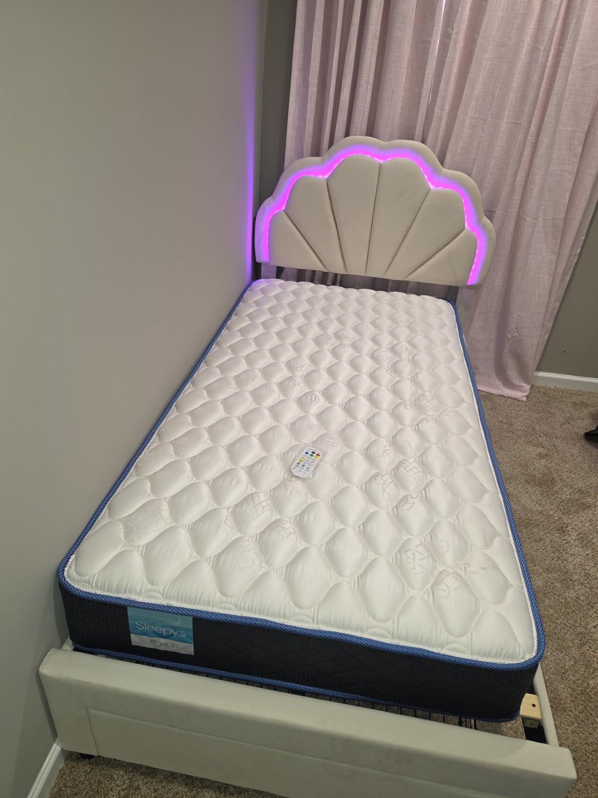 Girls Full Upholstered LED Bed Frame with Petal Headboard & Storage, Beige customer photo 1