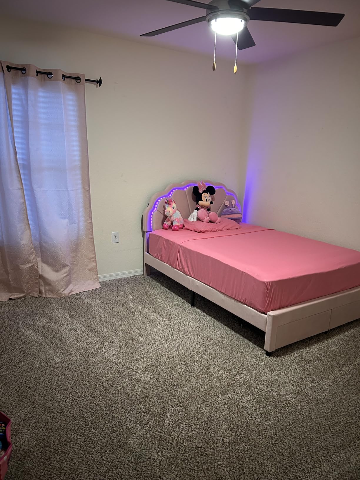 Girls Full Upholstered LED Bed Frame with Petal Headboard & Storage, Beige customer photo 2
