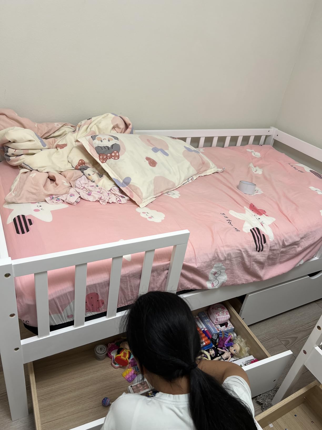 KOMFOTT Wood Twin Bed Frame with Fence Rails & 2 Pull-Out Drawers, Kids Twin Bed Frame with Side Shelf, No Box Spring Needed Solid Wood Slats Supported Daybed for Children & Teens (White) customer photo 1