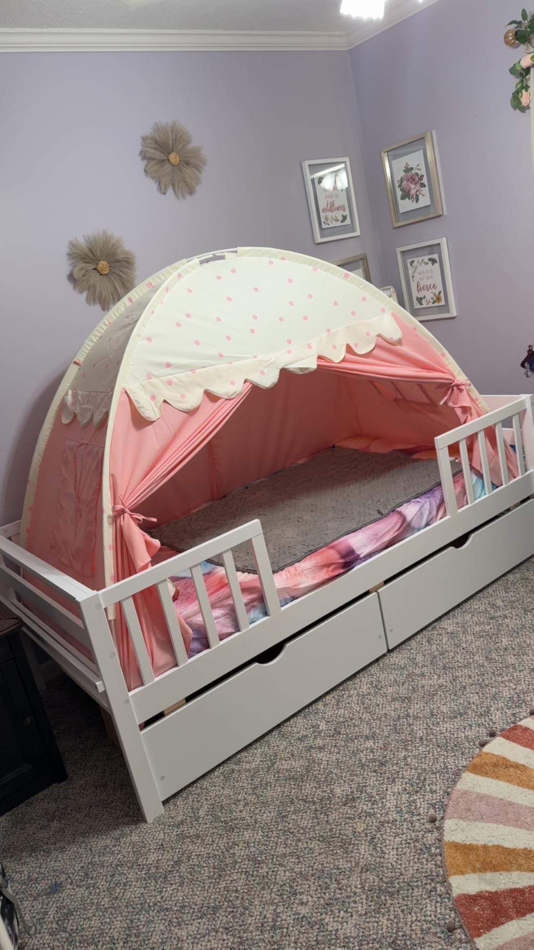 KOMFOTT Wood Twin Bed Frame with Fence Rails & 2 Pull-Out Drawers, Kids Twin Bed Frame with Side Shelf, No Box Spring Needed Solid Wood Slats Supported Daybed for Children & Teens (White) customer photo 2