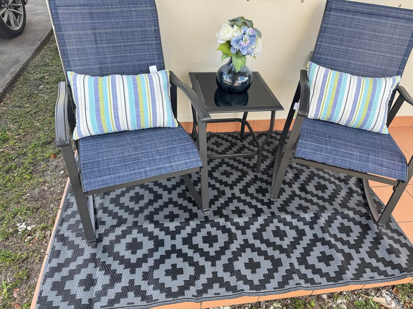 Shintenchi 3 Piece Rocking Bistro Set, Outdoor Furniture with Rocker Chairs and Glass Coffee Table Balcony, Porch Furniture for Small Space, Gray customer photo 1