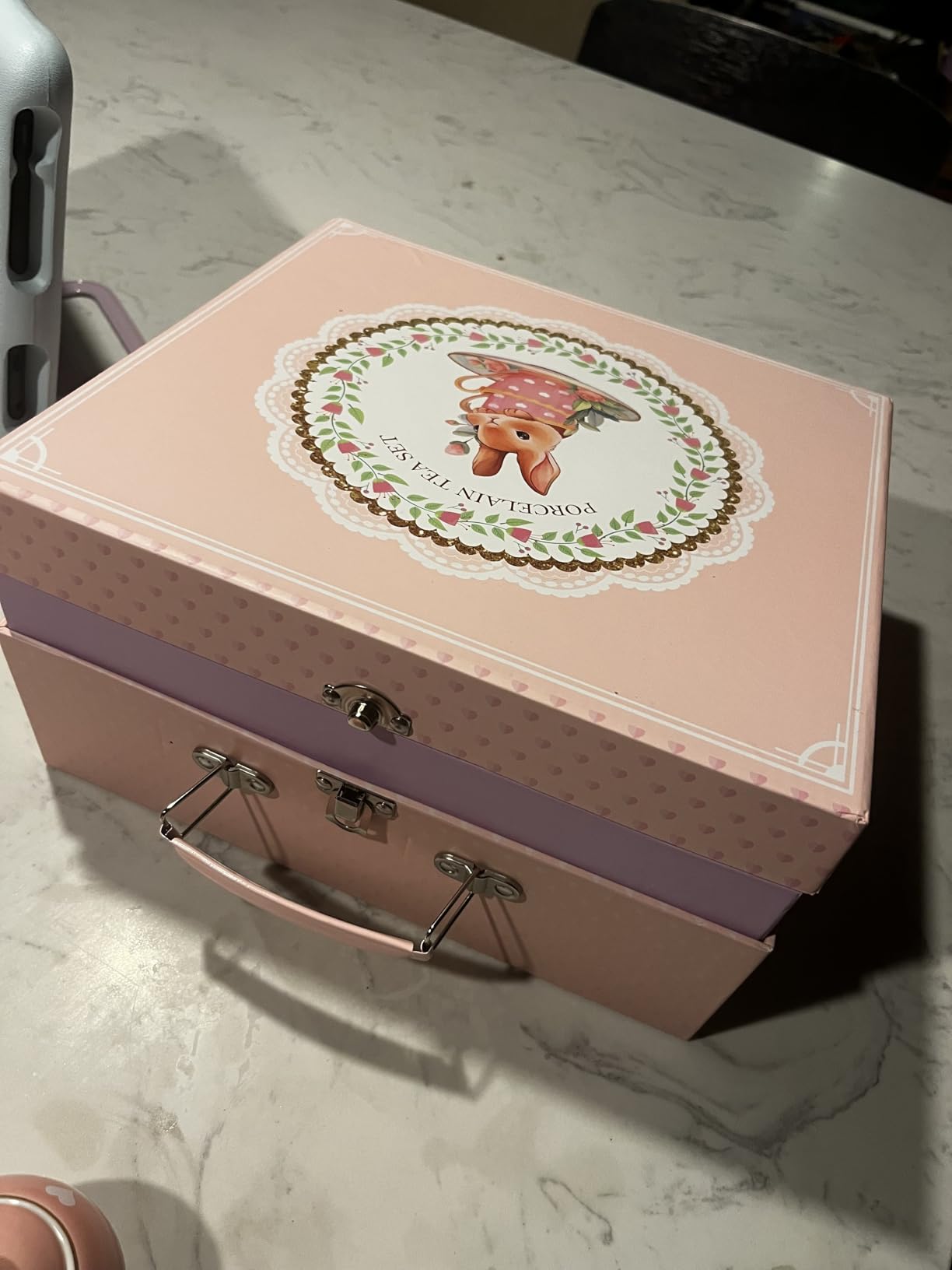 TUZT Tea Party Set for Little Girls Ages 3-8, Pink Heart Porcelain Tea Set with Gold Trim Edges, Princess Tea Time Toy Includes Pot & Cups & Saucers & Suitcase, Birthday Gifts for Toddlers Girls customer photo 2