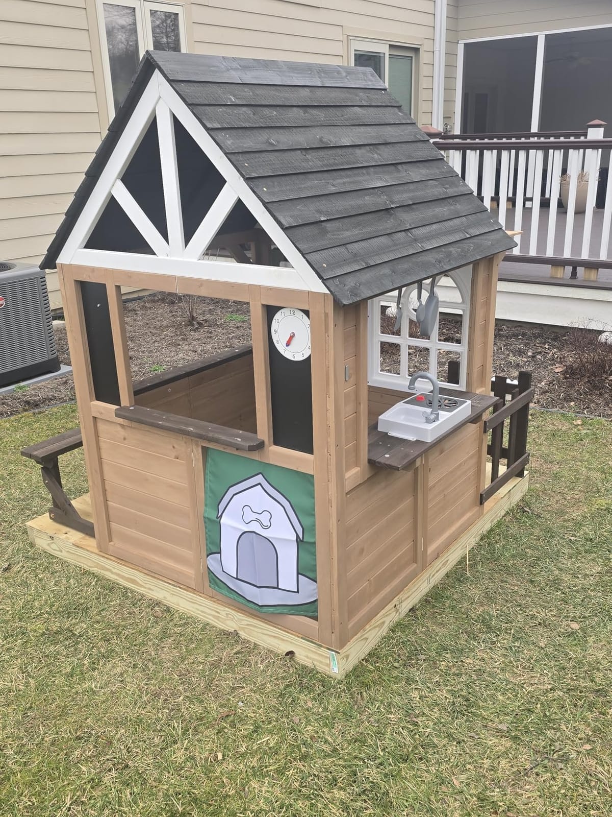 Kids Outdoor Playhouse,Cedar Gray Wooden Play House for Kids Ages 3-8, with Play Kitchen, Interactive Doorbell, Toy Phone, Sink, Flowerpot customer photo 1