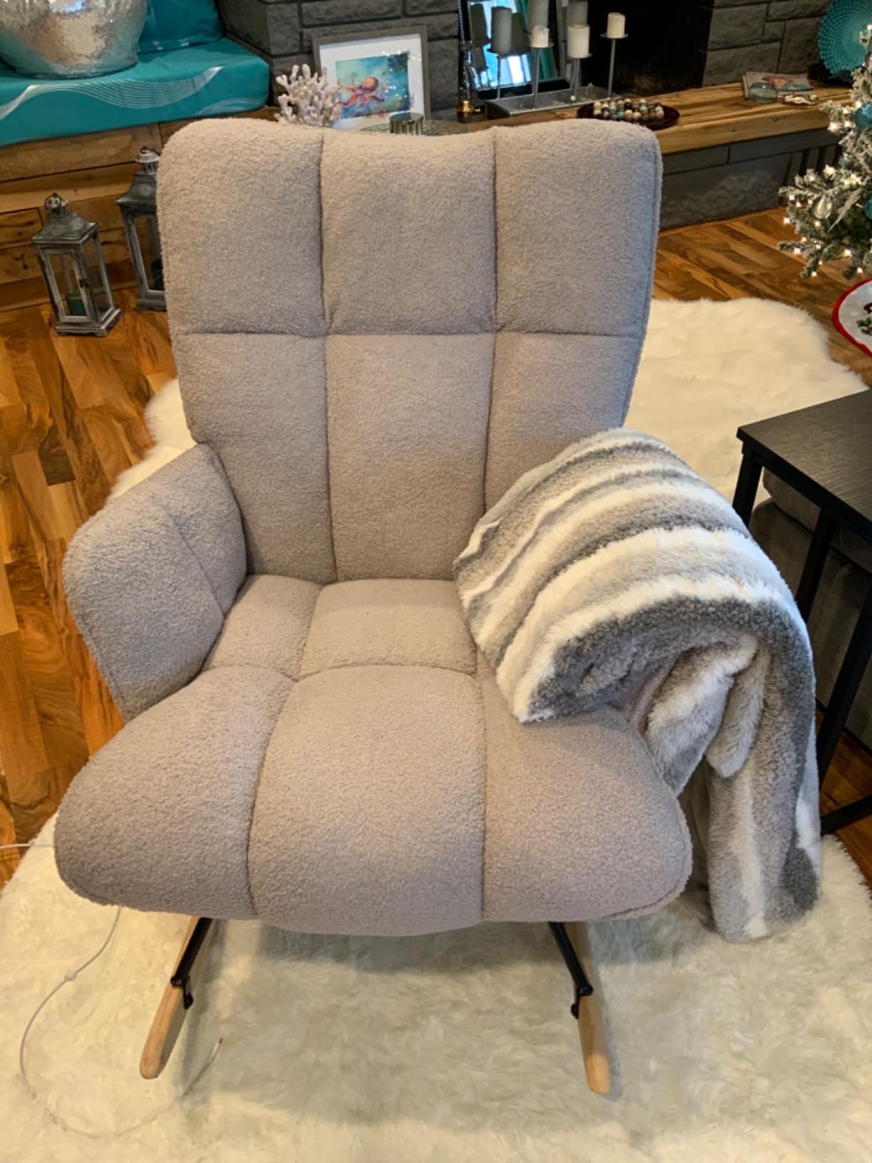 Rocking Chair Nursery Teddy, Upholstered Baby Fluffy Glider Rocker for Adults Indoor, Comfy Sherpa Compact Nursing Chairs for Small Spaces, Living Room, Classroom, Bedroom, Green customer photo 1