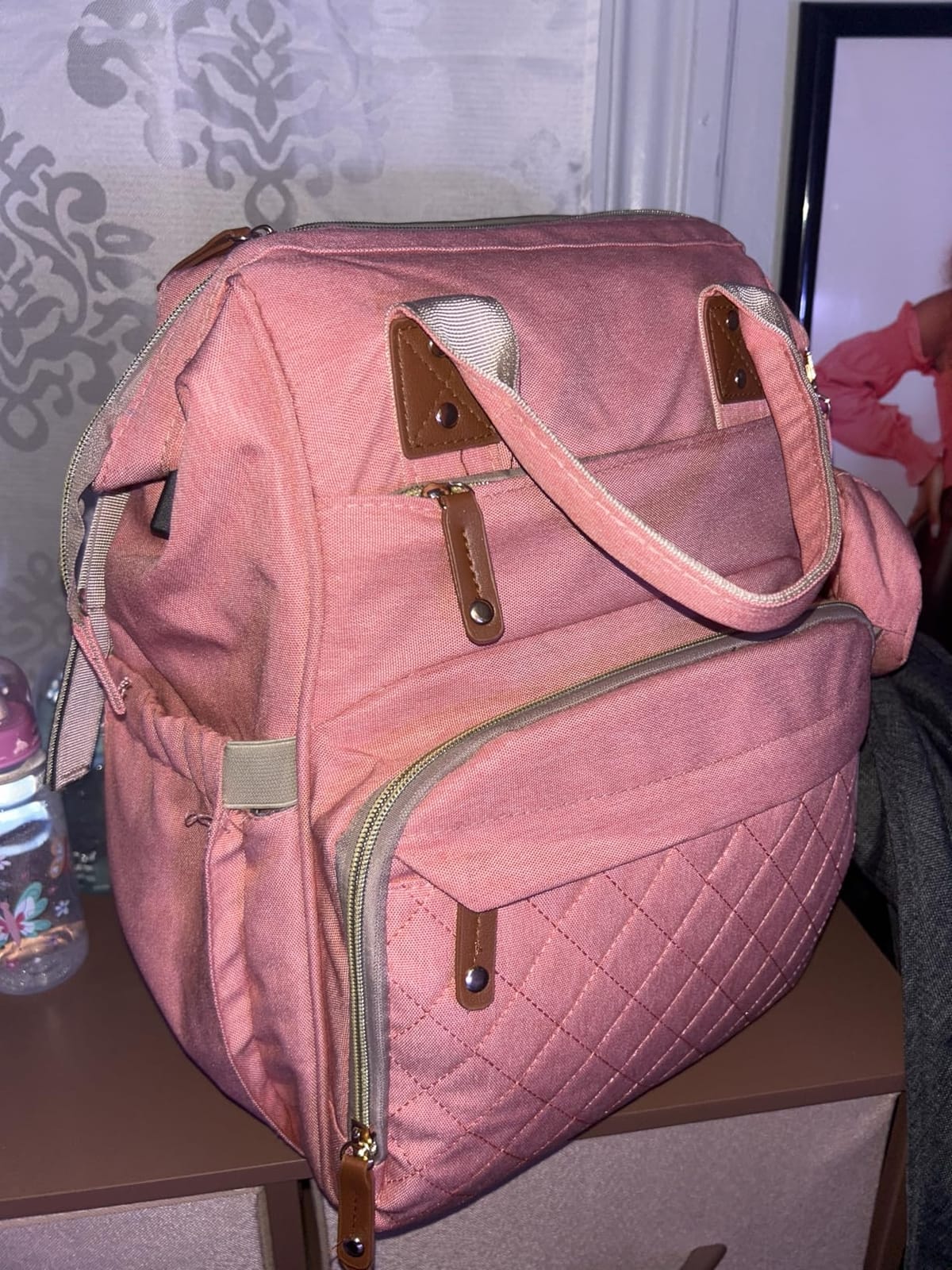 Diaper Bag with Changing Station, Waterproof 3 in 1 Diaper Backpack with Foldable Changing Pad, Large Travel Backpack for Mom & Dad, Baby Gift for Baby Girl & Boy, Pink-Grey customer photo 1