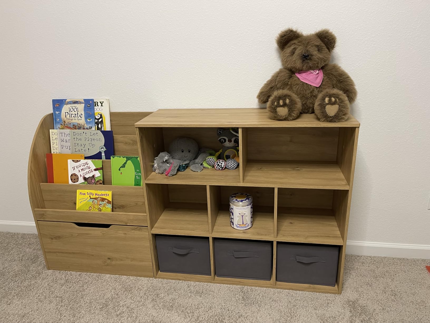 Kids Bookshelf and Toy Storage, 58.5’’ Toy Storage Organizer with Movable Chests & 3 Storage Bins, Large Kids Reading Nook Toy Organizers and Storage with 5 Cubbies for Playroom, Bedroom, White customer photo 2