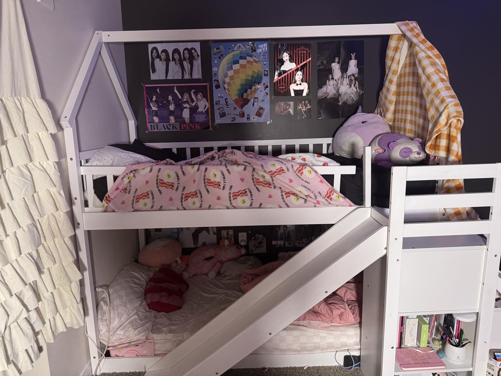 Giantex House Bunk Bed Twin Over Twin with Slide & Stairs, Wood Bunk Bed with Storage Shelves, No Box Spring Needed, Twin Floor Bed for Kids Teens Boys Girls (White) customer photo 1