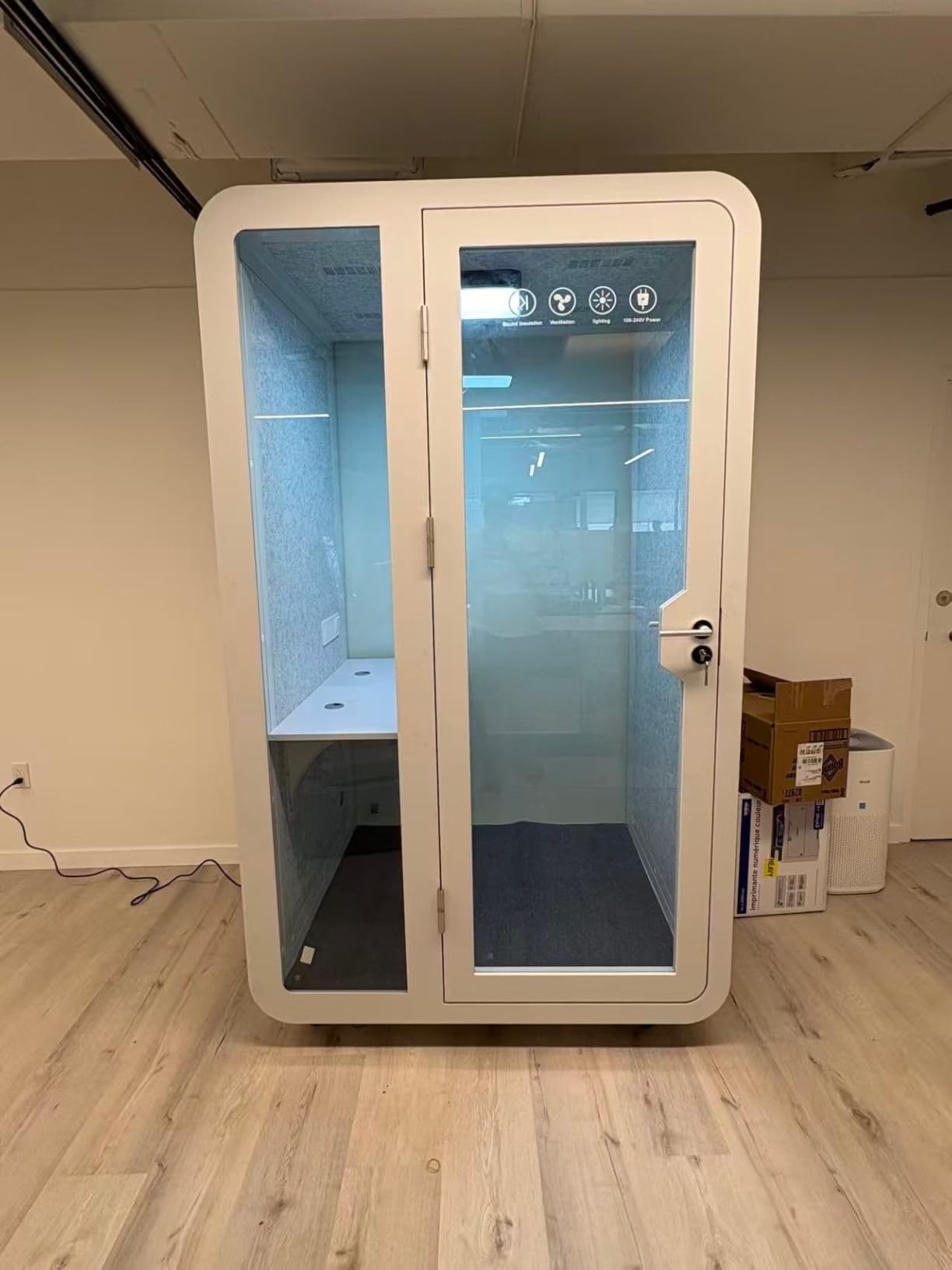 GEARONIC Mobile Office Pod Booth, Standard Sound Proof Office Pod for 2 People, Sound Pod Booth with Mobile Roller, LED Lighting System, Fans and AC USB Ports customer photo 1