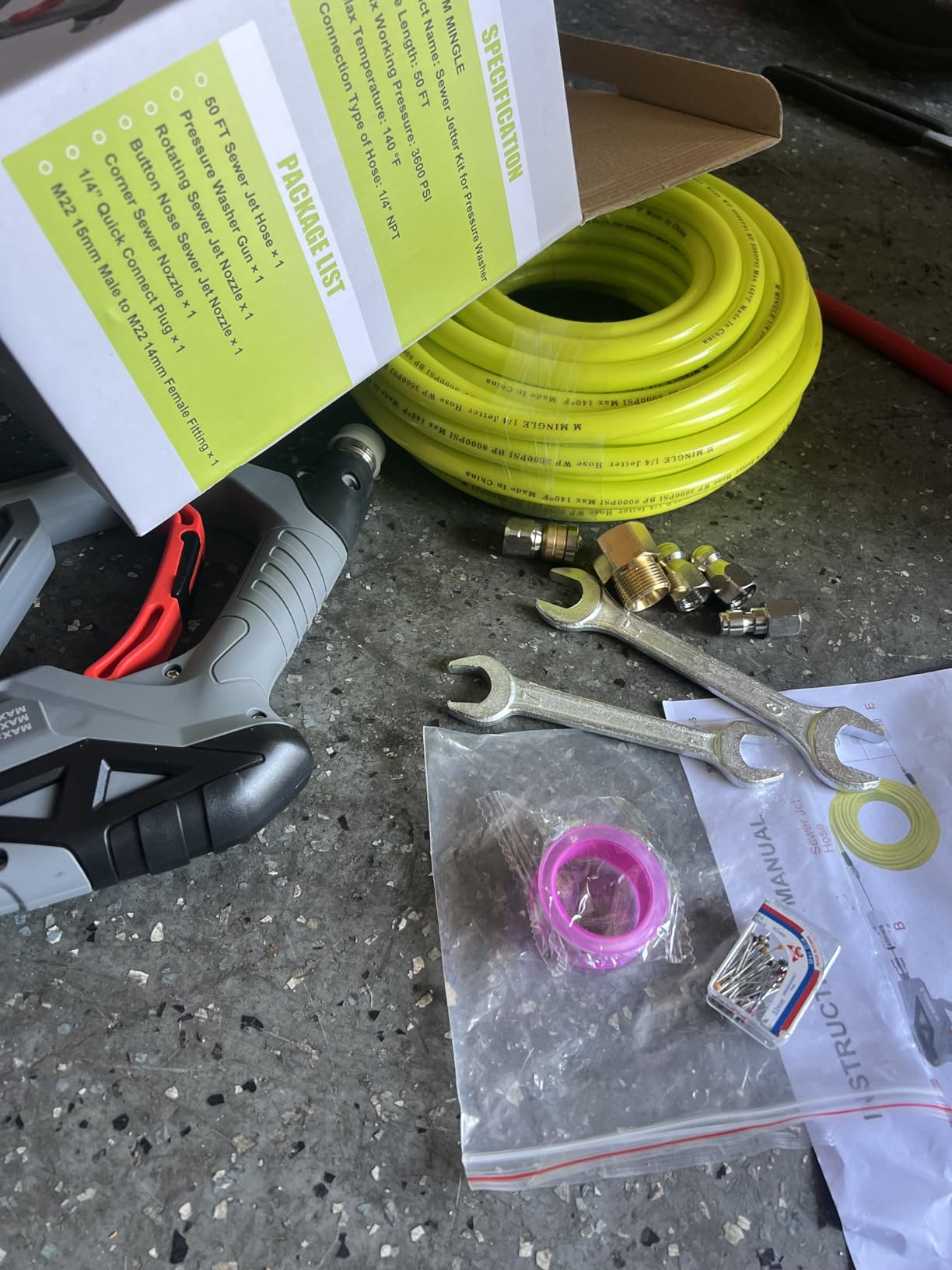 M MINGLE Sewer Jetter Kit for Pressure Washer 100 FT | Drain Cleaner Hose with Power Washer Gun, 1/4 Inch NPT Corner Rotating and Button Nose Sewer Jetting Nozzle, Orifice 4.0, 4.5 customer photo 1