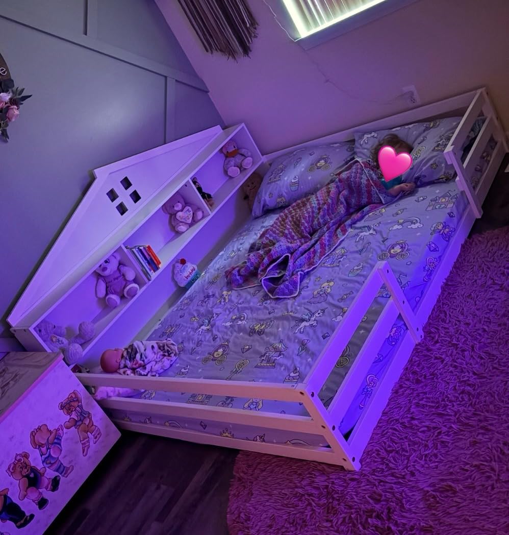 Giantex Full Size Floor Bed for Kids, Low Montessori Bed with Wood Slats & Safety Guardrails, Solid Wood Full Floor Beds with Fence and Door for Kids Boys Girls, Grey customer photo 1