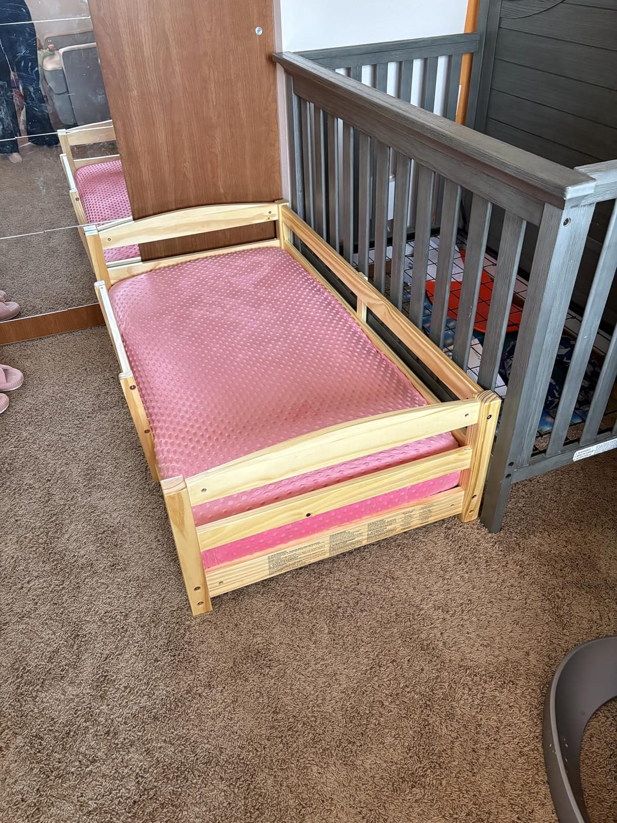 Ocodile Toddler Bed with Rails | Low Montessori Floor Bed Frame for Kids | Standard Crib Size Wooden Frame for Independent Toddlers 1-3 - Varnished customer photo 2