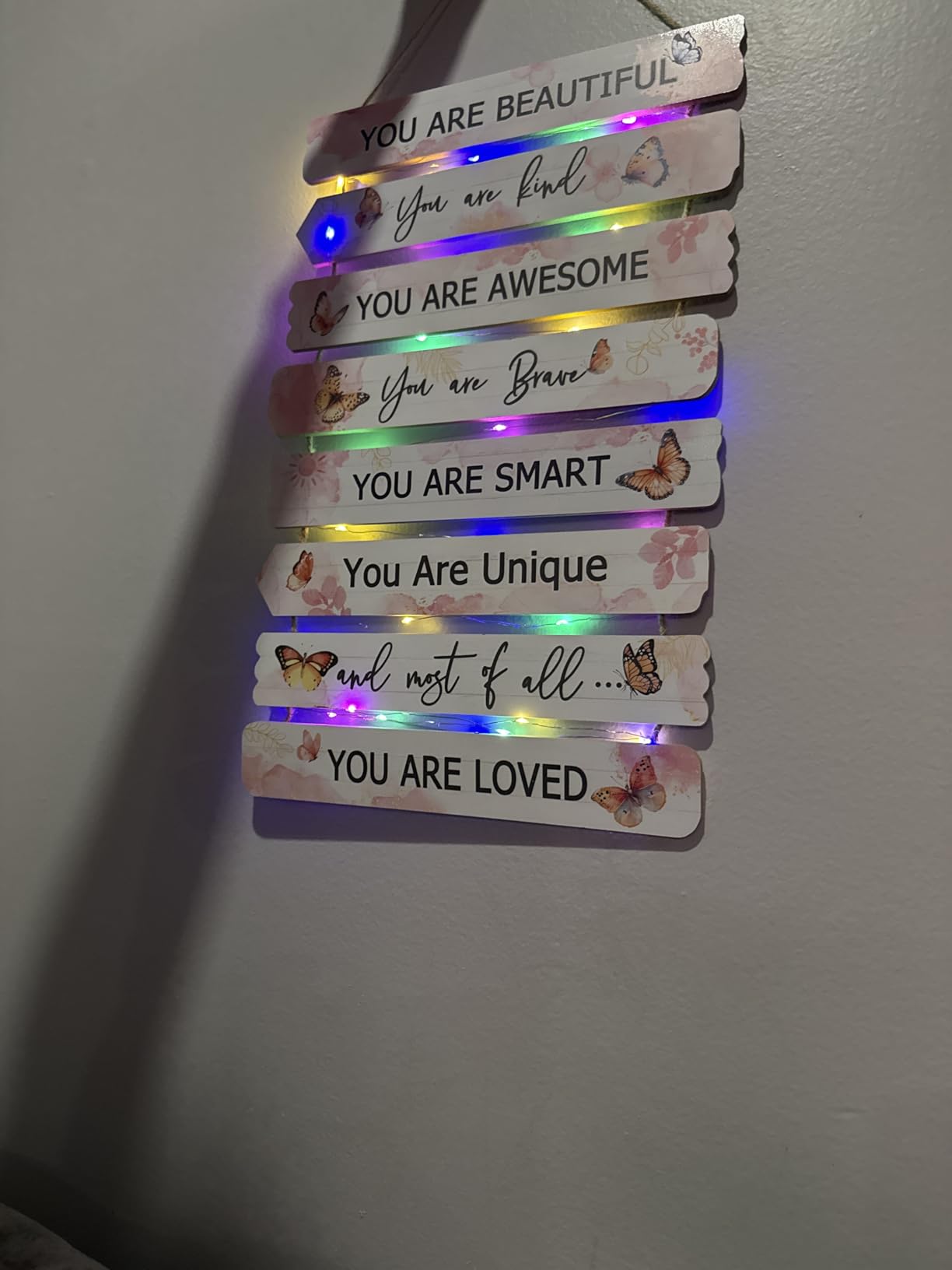 Vintage Classic Butterfly Sign Nursery Wall Decor Set of 8 with LED Lights, 11.4x2 Pink Cute Plaque Wall Art for Baby Girl Kid Teen Toddlers, 8 PCS Positive Wooden Quote Gift for kawaii Fairy Room customer photo 1
