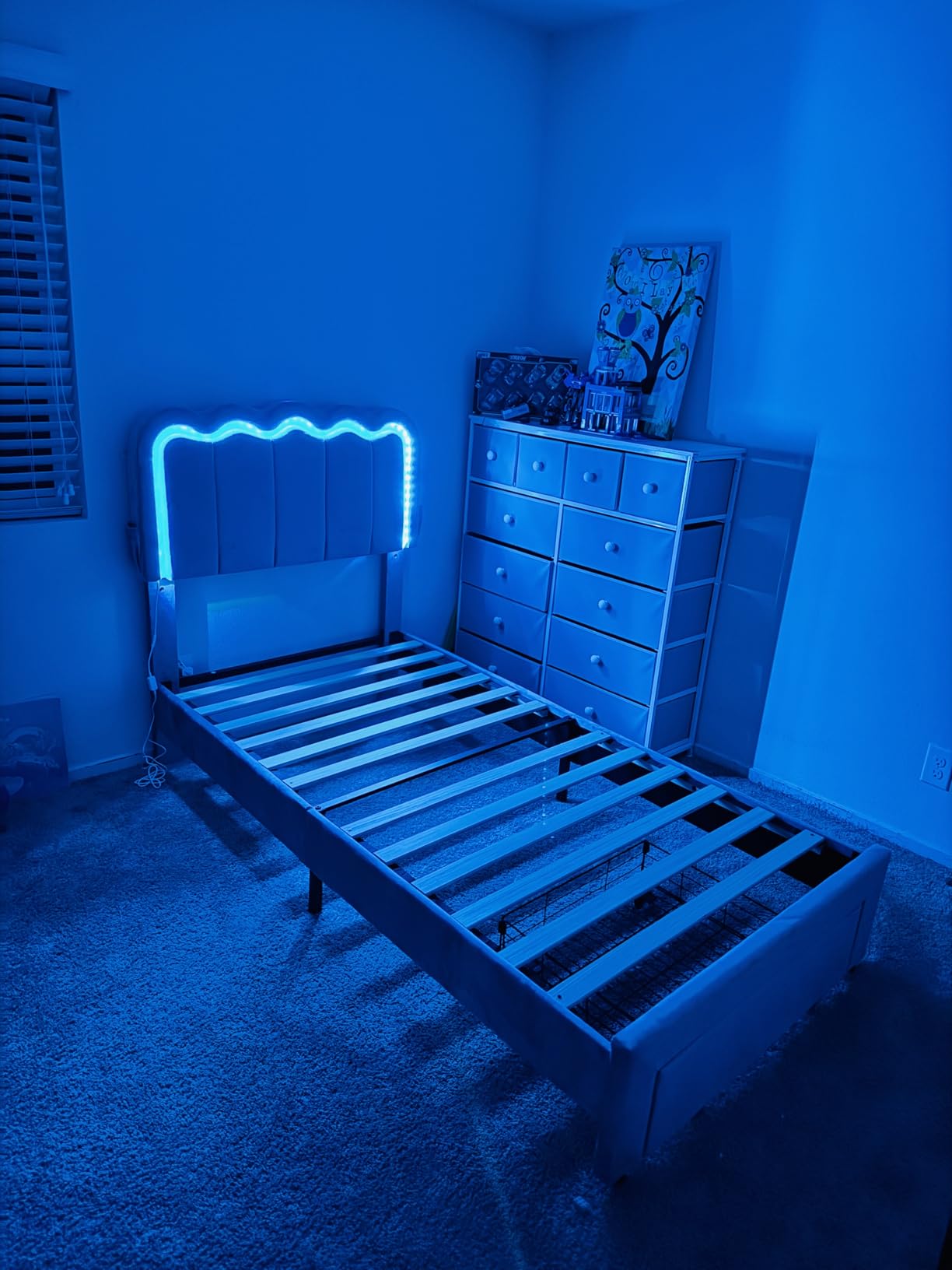 Twin Upholstered LED Bed Frame with Storage Drawer and Adjustable Chic Double Wavy Headboard, Velvet Princess Platform Bed for Kids/Girls, Solid Wood Slats Support, No Box Spring Needed, Beige customer photo 2