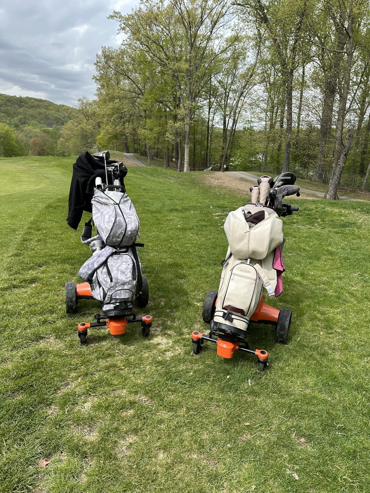 tianhong G5 Electric Golf Cart,Electric Golf Push cart Auto-Follow You,45 Hole Battery,All-Terrain Anti-Tipping,Electric Golf Push cart with Remote(APP/Manual Control), Foldable,Black+Orange customer photo 2