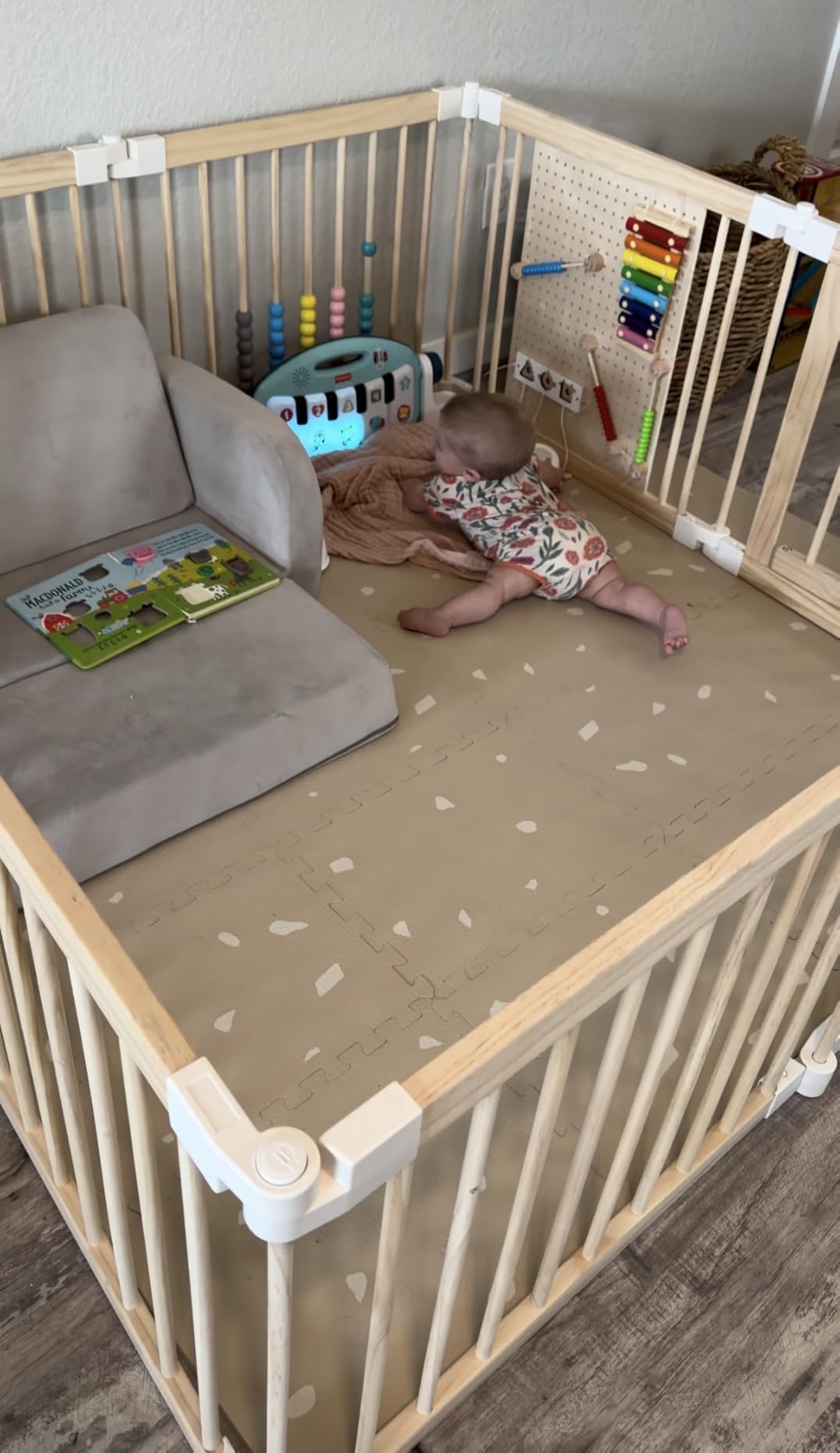 EXPERLAM Wooden Baby Playpen, 58x58x23 in Foldable Solid Wood Playpen for Babies and Toddlers, Adjustable Baby Fence with Locking Gate & Activity Panels, Portable Indoor Toddler Play Yard customer photo 1