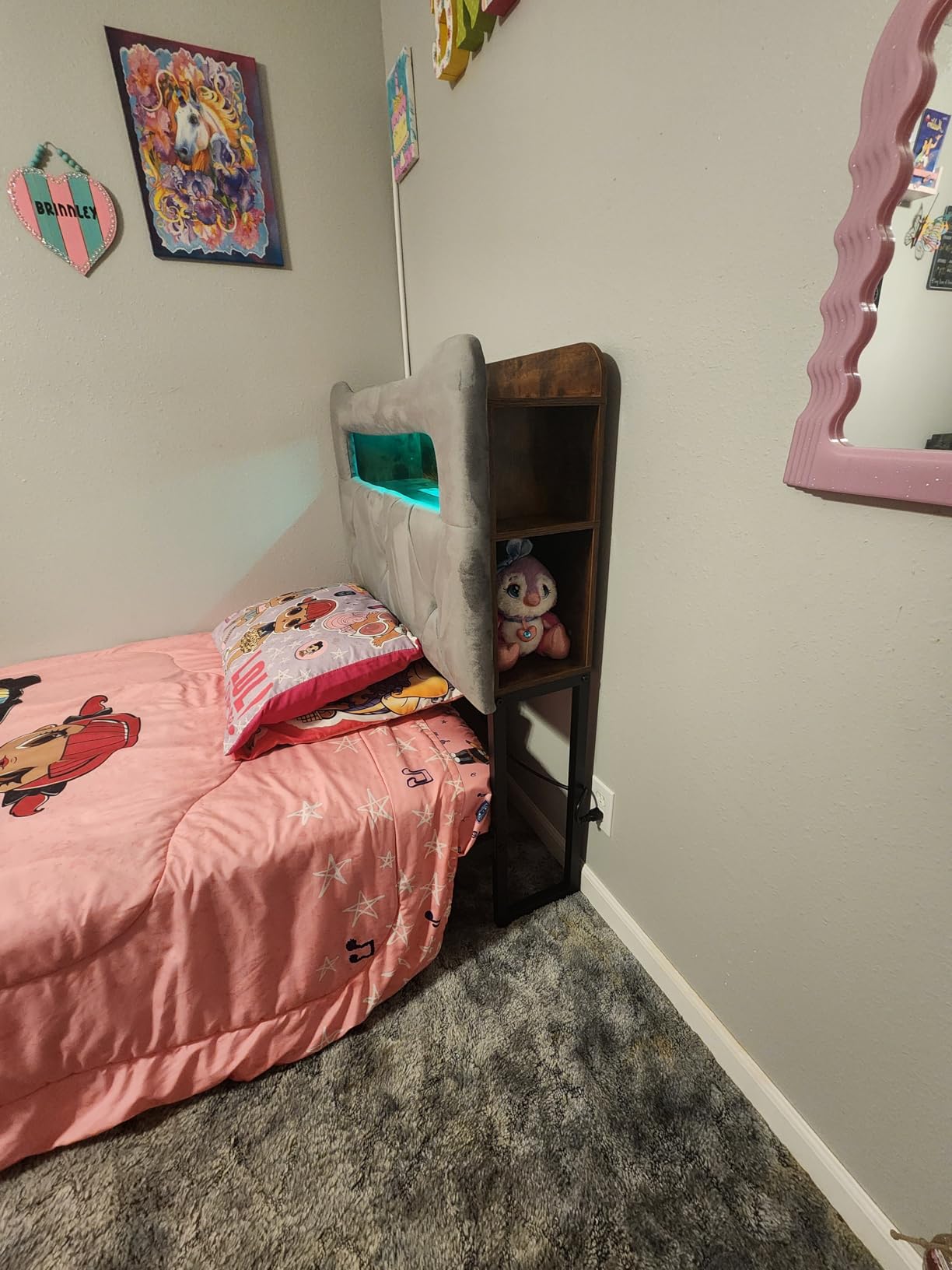 Twin Upholstered LED Bed Frame with 2 Storage Drawers and 2-Tier Storage Bookcase Headboard, Velvet Princess Platform Bed for Kids/Girls/Boys, Heavy Duty Metal Support, No Box Spring Needed, Pink customer photo 2