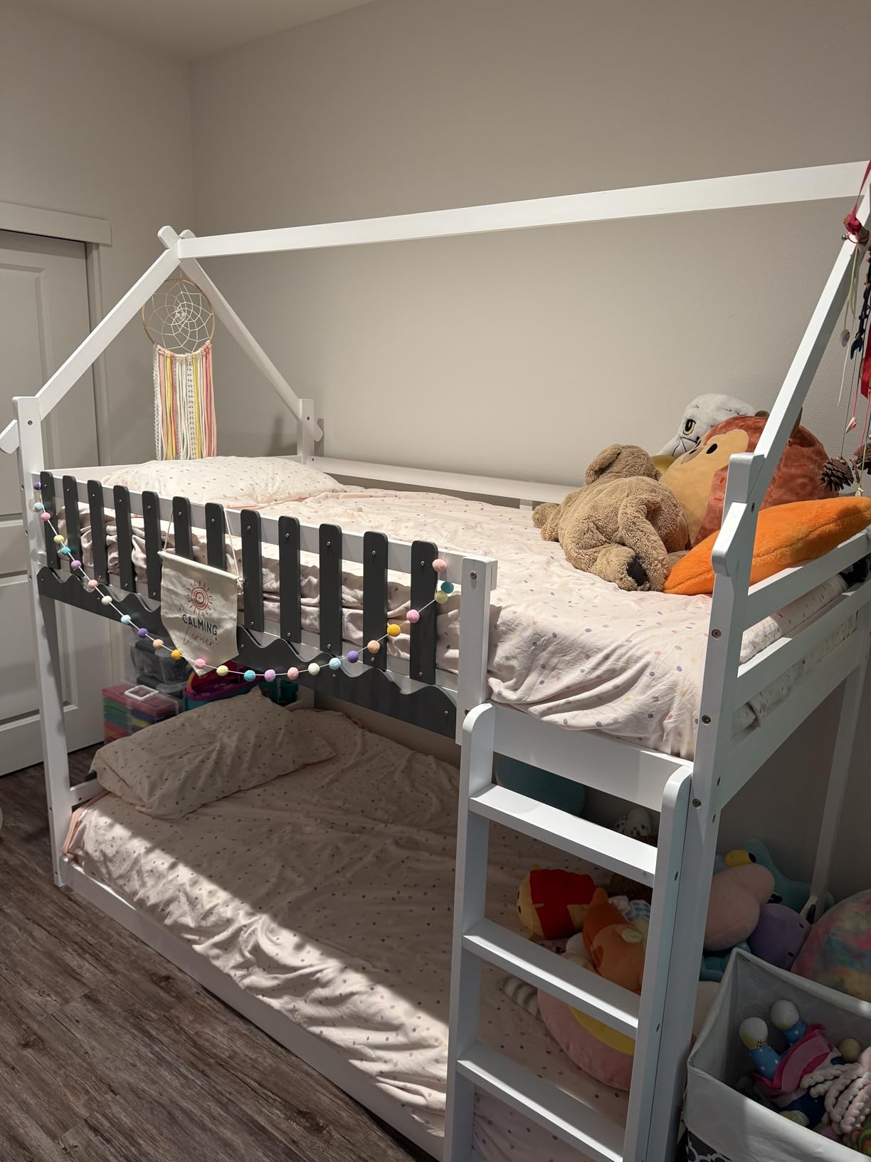 KOMFOTT Wood Twin Over Twin Bunk Bed with Slide & Staircase, Twin House Bunk Bed with Safety Guardrails & Storage, Floor House Bed with Wooden Slat Support for Boys Girls, No Box Spring Needed (Grey) customer photo 1