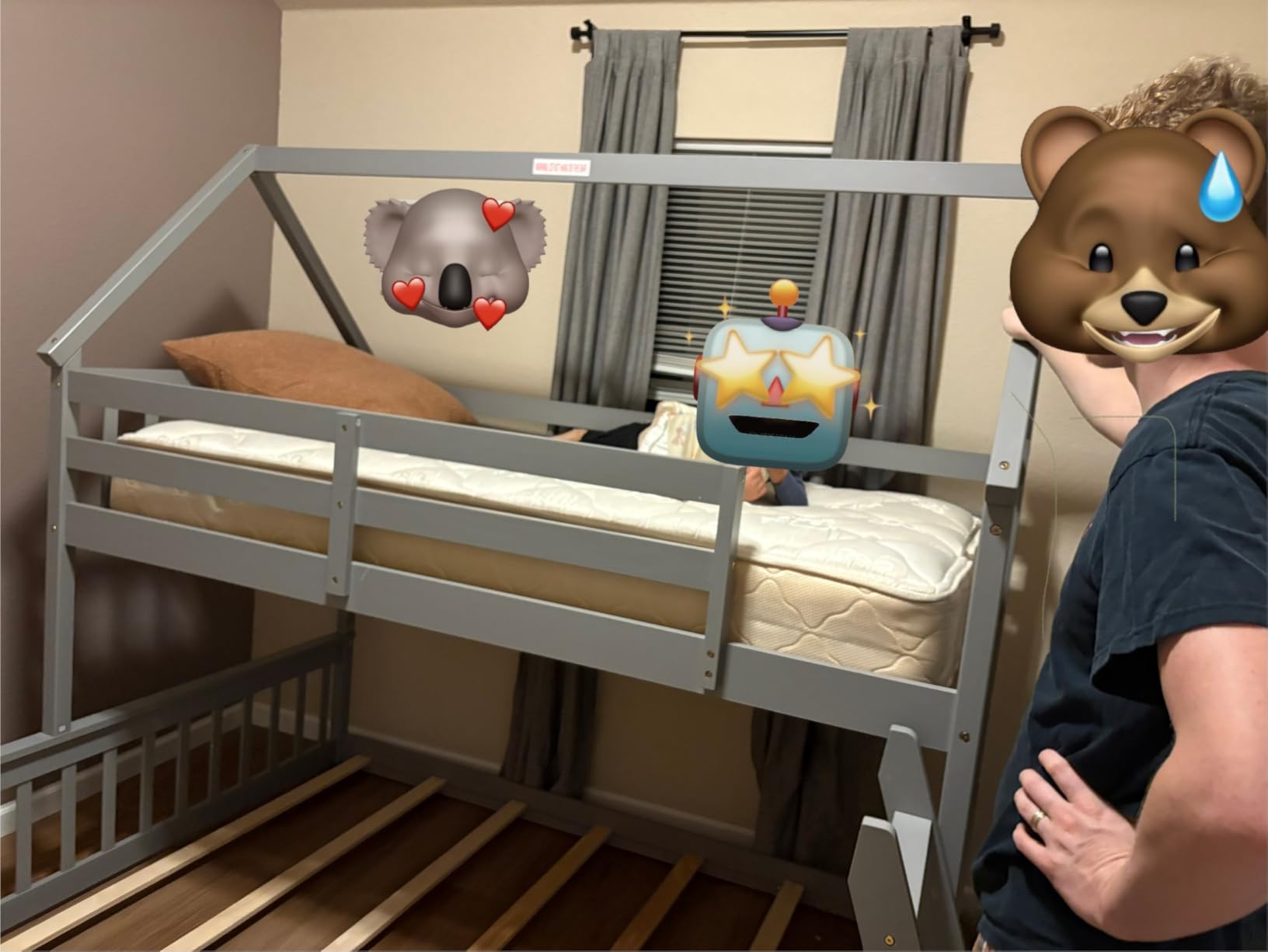 KOMFOTT Wood Twin Over Twin Bunk Bed with Slide & Staircase, Twin House Bunk Bed with Safety Guardrails & Storage, Floor House Bed with Wooden Slat Support for Boys Girls, No Box Spring Needed (Grey) customer photo 2