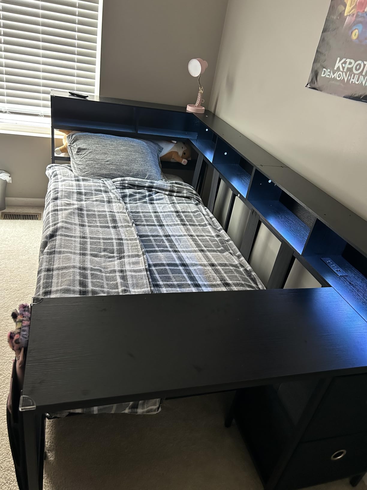 DICTAC Corner Twin Bed Frame with Desk,Charging Station and Bookcase Storage Twin Size Daybed for Kids/Teen with Storage Drawers,Led Lights and Shelves Twin Size Platform Bed Frame with Desk,Black customer photo 1