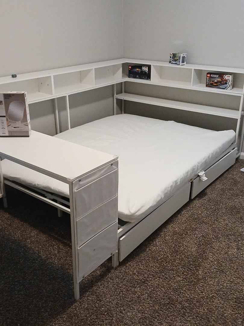 DICTAC Corner Twin Bed Frame with Desk,Charging Station and Bookcase Storage Metal Platform Bed Frame with Storage Drawers and Led Lights Twin Size Daybed with Desk and Shelves for Kids/Teen,White customer photo 2