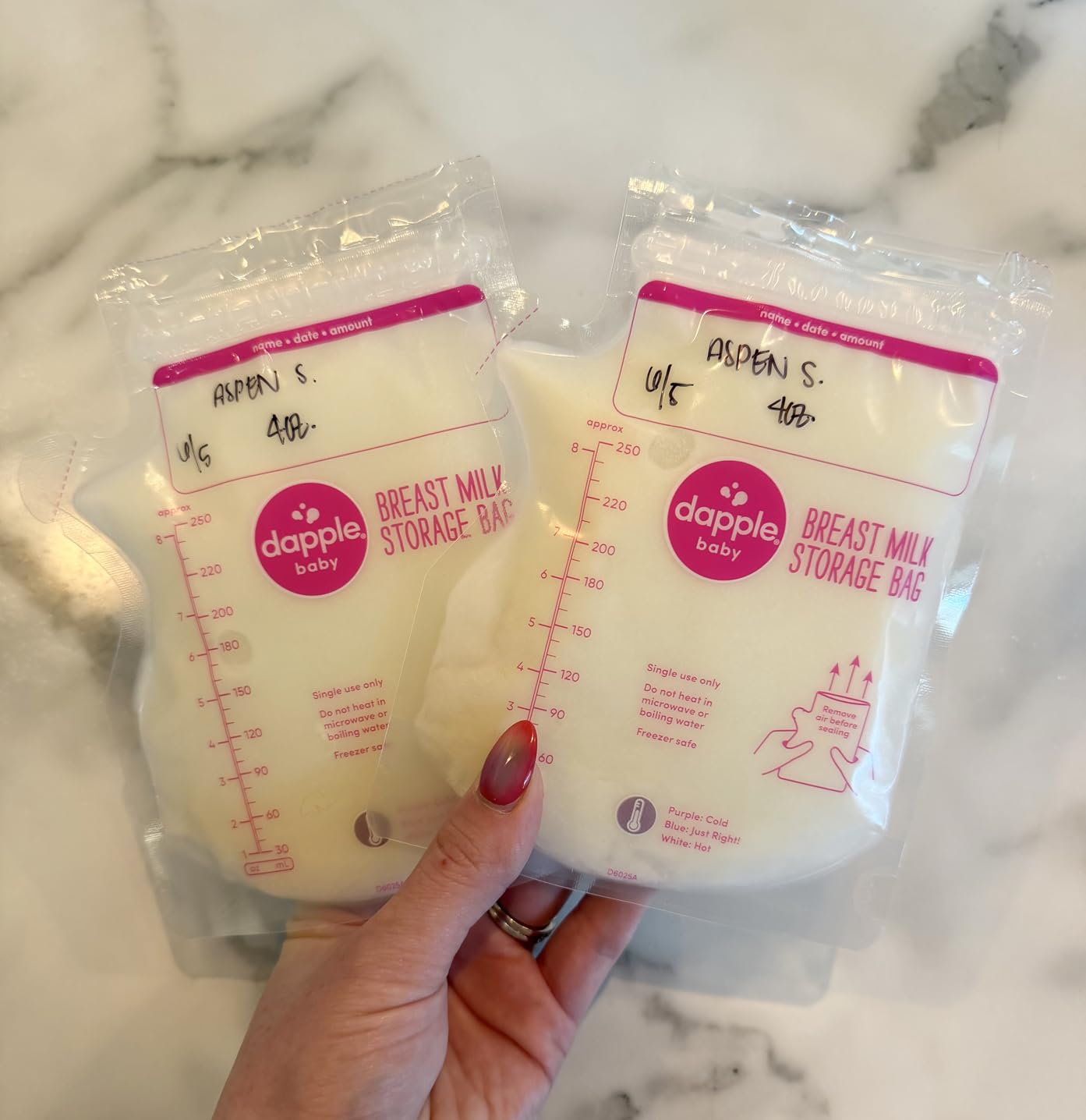 Dapple Baby - Breast Milk Storage Bags with Pour Spout - 8oz, 100ct | BPA-Free, Pre-Sterilized, Temperature Sensor, Freezer-Safe, Pump Directly Into Bag customer photo 2