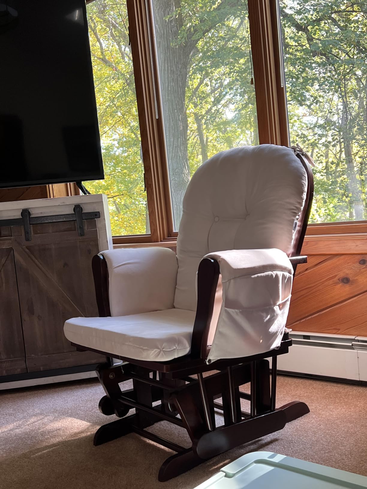 Costzon Nursery Glider with Ottoman, Upholstered Comfort Glider Rocker with Padded Cushion, Storage Pocket, Solid Wood Base, Rocking Chair Nursery for Breastfeeding, Napping (Natural) customer photo 2