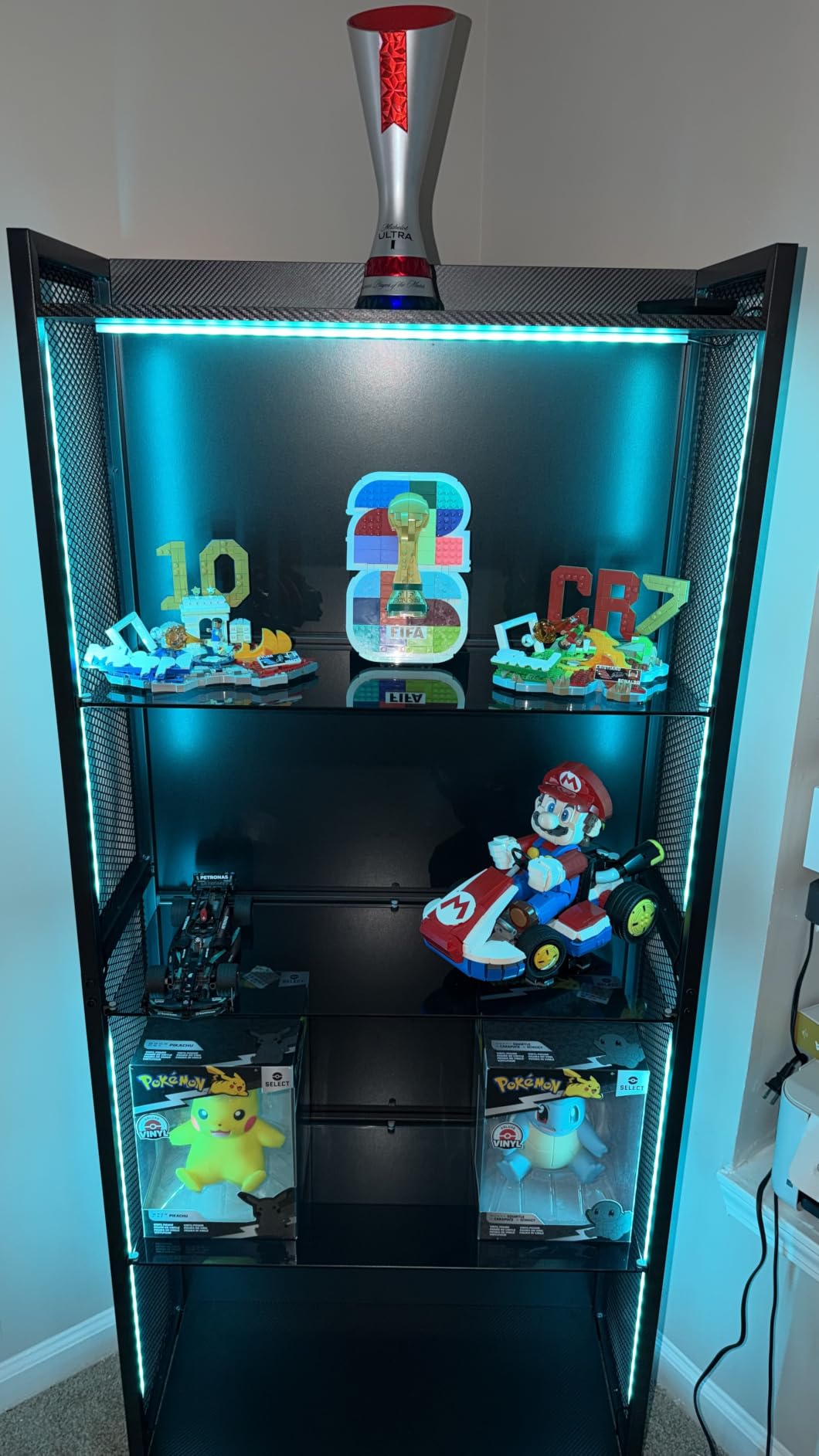 Display Case with Glass Shelves & RGB Lights, 4-Tier Display Cabinet | LED Display Shelf with Industrial Metal Mesh & Open Shelf Design for Collectibles, Black Curio Cabinet, Book Case customer photo 1