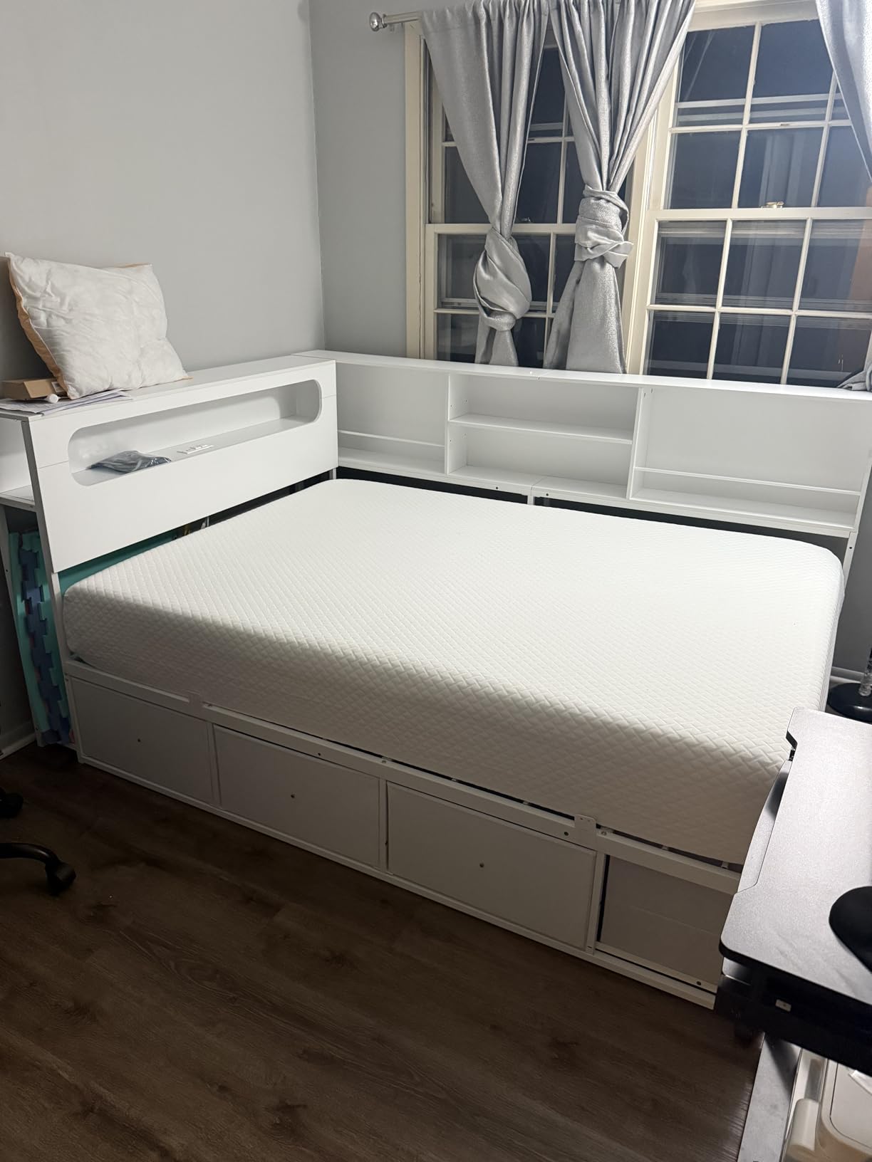 ADORNEVE Twin Corner Bed Frame with Bookcase Storage & LED Headboard, White customer photo 1