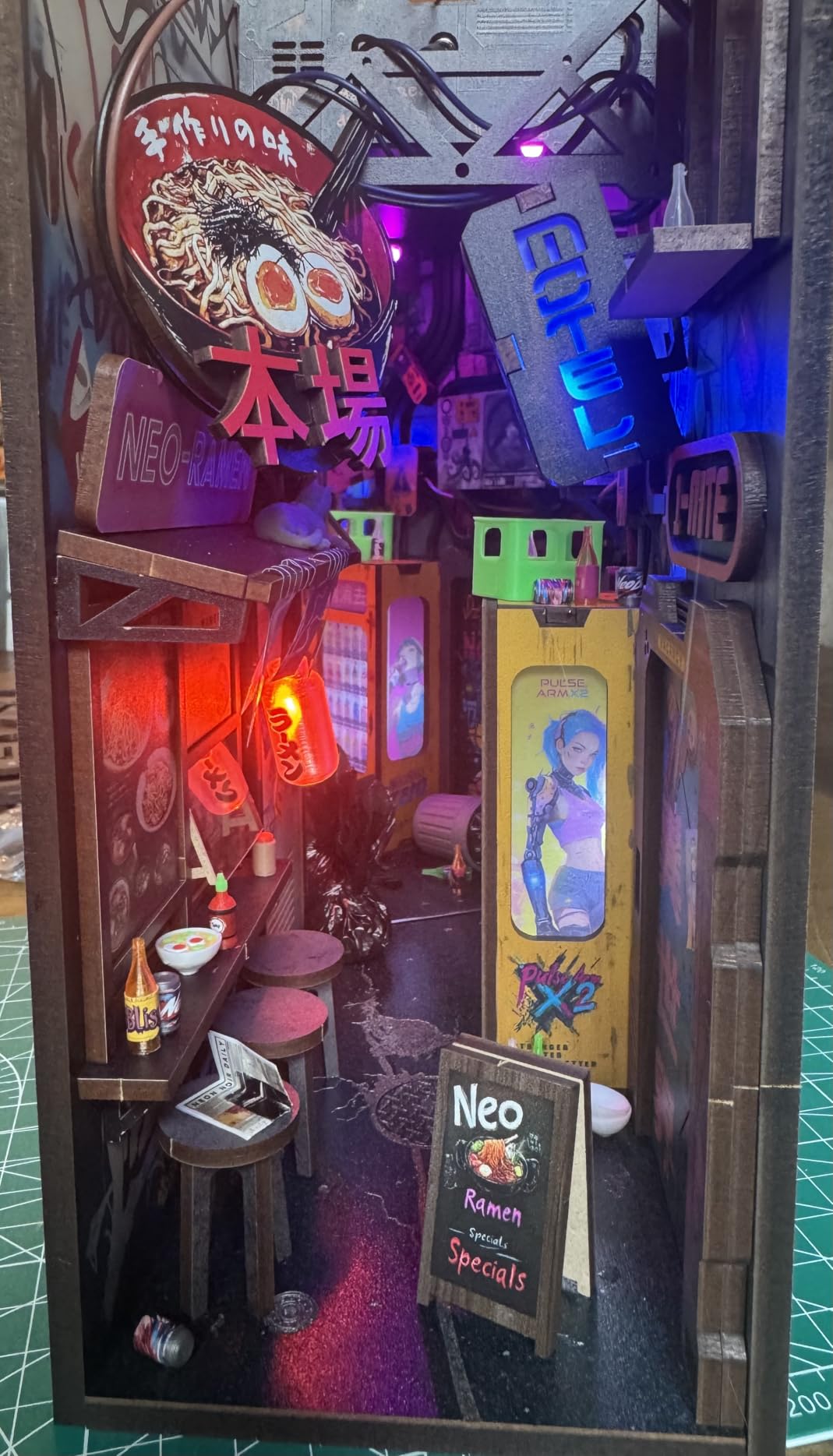 Neo Ramen MiniAlley DIY Cyberpunk Book Nook Kit - Wooden Diorama with Neon Lights, Futuristic Ramen Shop & Endless Alley Illusion - Unique Collectible Display for Bookshelf or Desk customer photo 2