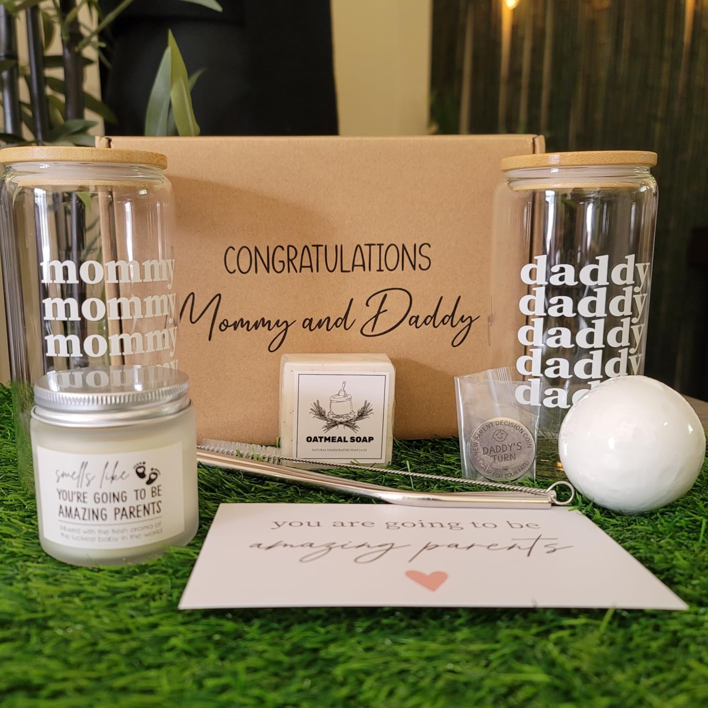 New Parents Gifts for Couples, Mom and Dad to Be Gifts, Pregnancy Gift Basket for Expecting Parents, Baby Shower Gift Set with Mommy Daddy Glass Cups, Candle, Bath Bomb & Soap customer photo 1