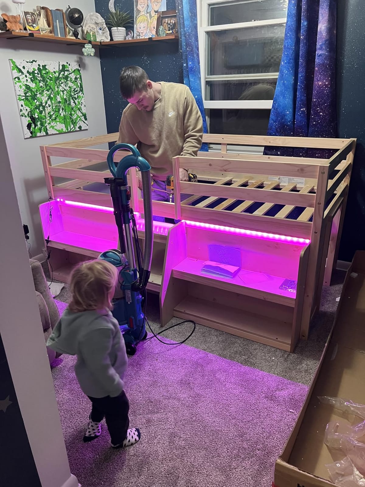 Giantex Low Loft Bed with LED Lights, Wooden Twin Loft Bed with Stairs & Safety Guardrail, Loft Bed Twin Size with Storage Bookcase and Under-Bed Play Space, Loft Bed for Kids (Natural) customer photo 1