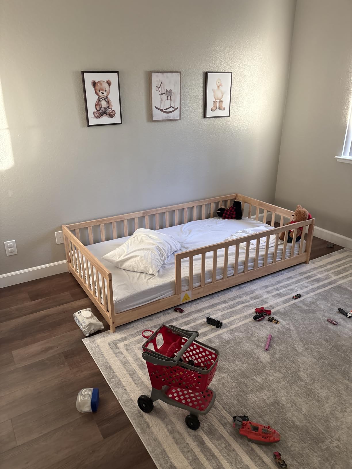 Full Size Montessori Floor Bed with Slats, Door and Guardrails, Natural customer photo 2