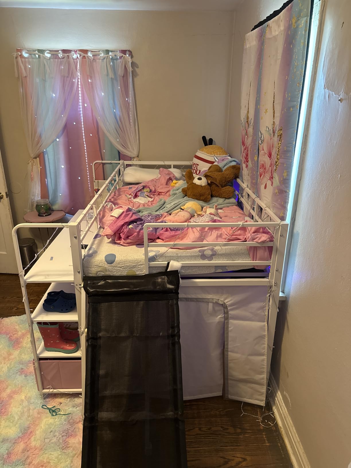 DICTAC Low Loft Bed with Desk and 6 Storage Drawers Twin Loft Bed with Bookshelf,LED Lights & Under-Bed Play Space,Kids Twin Beds with 13.8''H Safety Guardrail,Inclined Ladder&Play Curtain,Pink+White customer photo 1