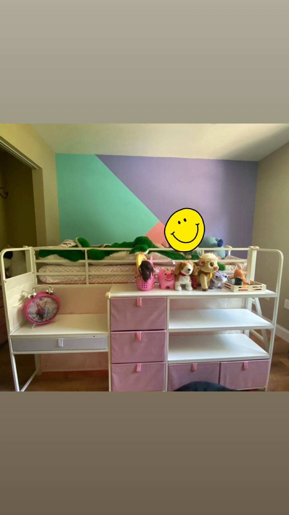 DICTAC Low Loft Bed with Desk and 6 Storage Drawers Twin Loft Bed with Bookshelf,LED Lights & Under-Bed Play Space,Kids Twin Beds with 13.8''H Safety Guardrail,Inclined Ladder&Play Curtain,Pink+White customer photo 2