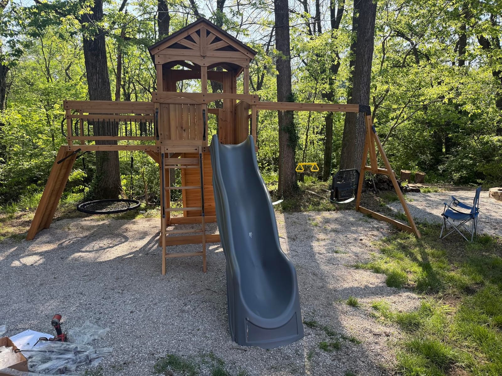 Backyard Discovery Dover Bay Spruce Wood Swing Set with Spiral Tube Slide, Wave Slide, Clubhouse, Rock Wall, Belt Swings, Step Ladder, Toy Telescope, Chalkboard, Outdoor Playset customer photo 2