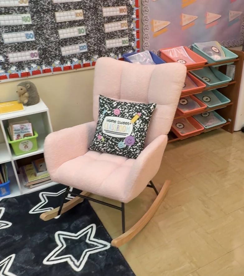 DUMOS Nursery Rocking Chair Teddy Upholstered, Comfy Glider Rocker with High Backrest Armchair Padded Seat, Accent Side Chair for Living Room Bedroom Offices Small Spaces Indoor, Green customer photo 1