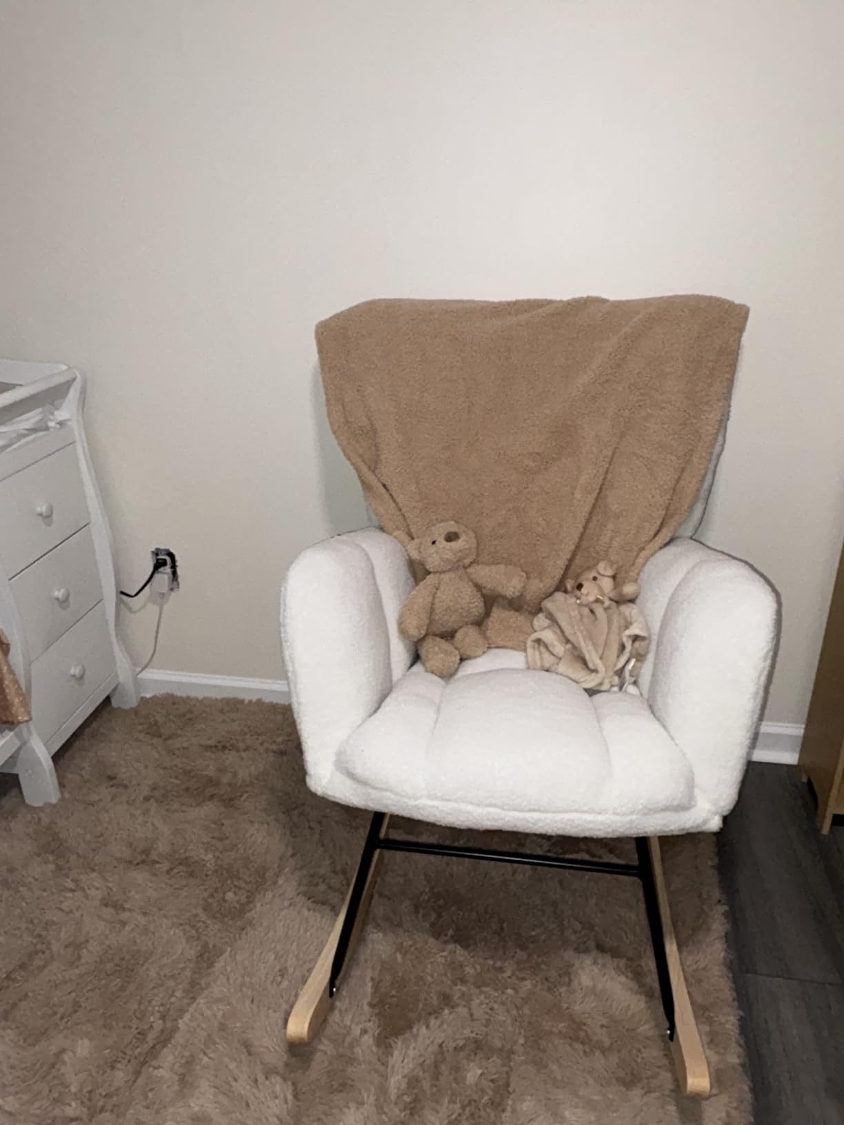 Nursery Rocking Chair, Teddy Upholstered Glider Chair with Thick Cushion, Tufted Gliding Rocker Chair with Wood Leg, Cozy Rocking Armchair, Accent Rocking Chair for Living Room (Ivory) customer photo 2