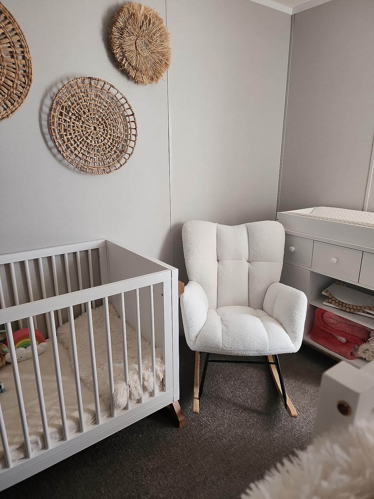 Nursery Rocking Chair, Teddy Upholstered Glider Chair with High Backrest, Tufted Rocker Glider Chair with Thick Cushion, Cozy Rocking Armchair, Rocker Padded Seat for Bedroom(Beige) customer photo 2
