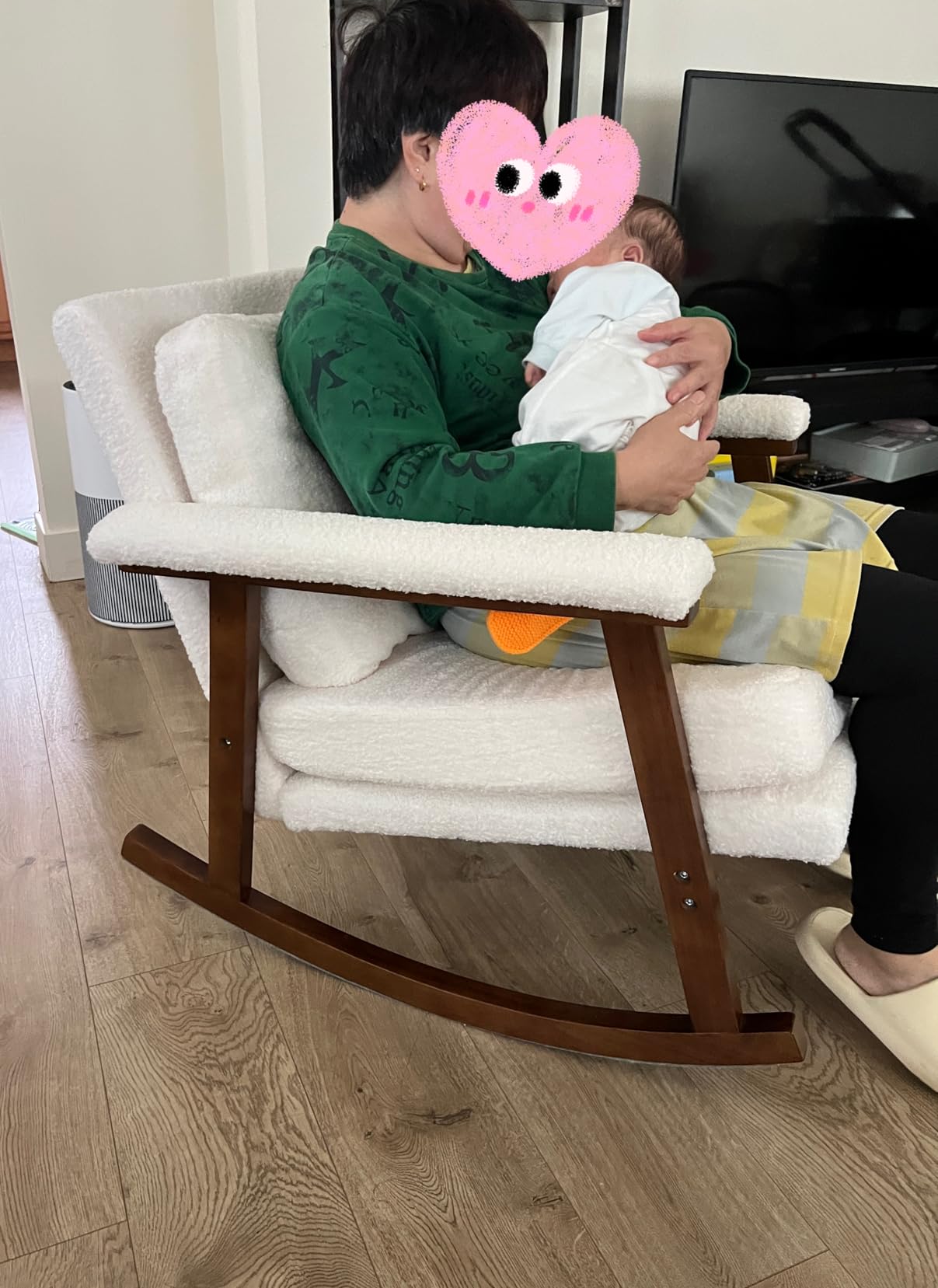 Rocking Chair Nursery, Compact Glider Rocking Chair for Indoor Use, Small Upholstered Rocker Chair for Bedroom Living Room, Teddy Fleece Accent Chair,White customer photo 1