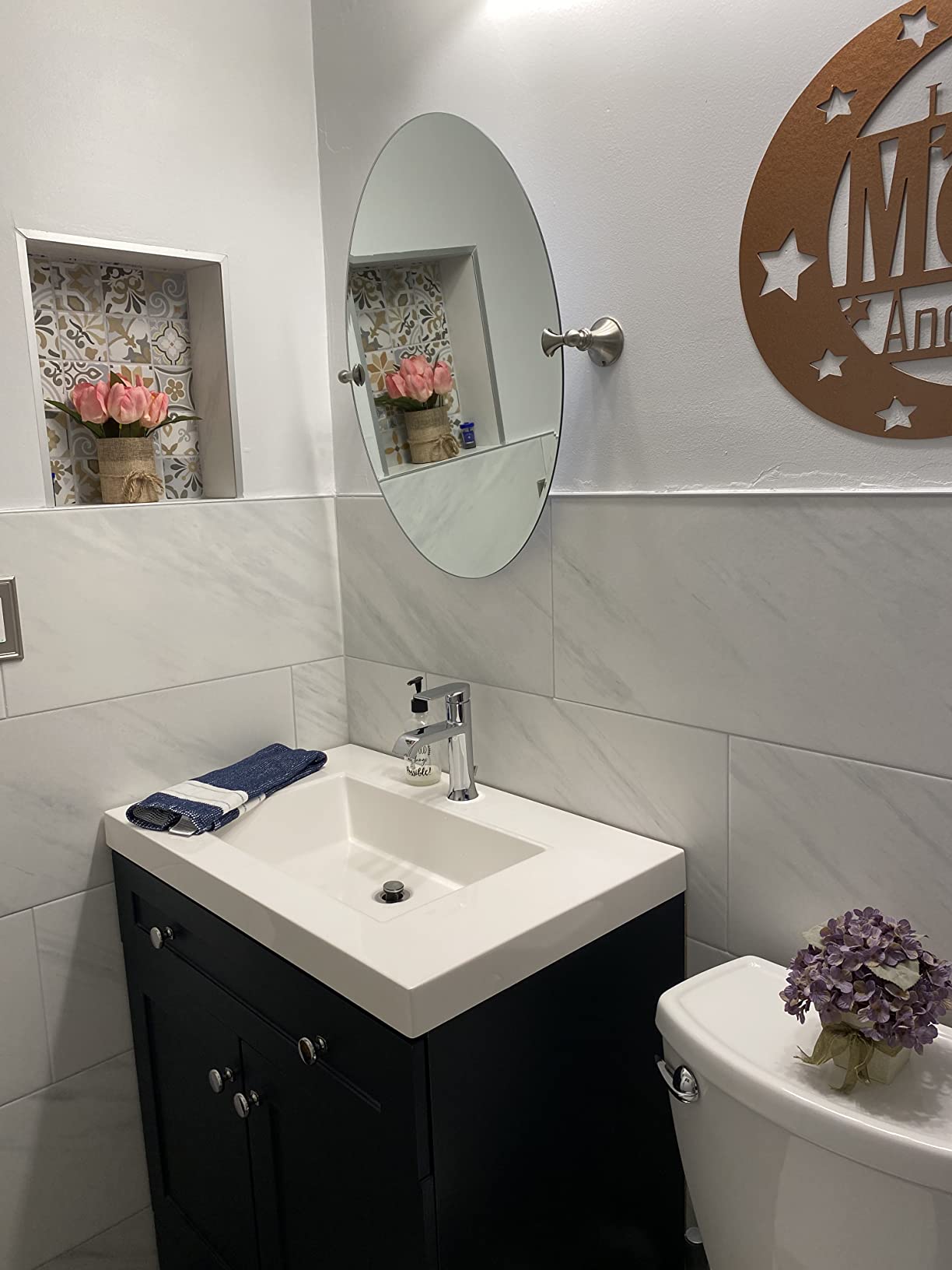 Moen Glenshire Chrome 26 x 22-Inch Frameless Pivoting Bathroom Mirror, Wall Mounted Oval Tilting Mirror for Bath, Vanity, DN2692CH customer photo 2