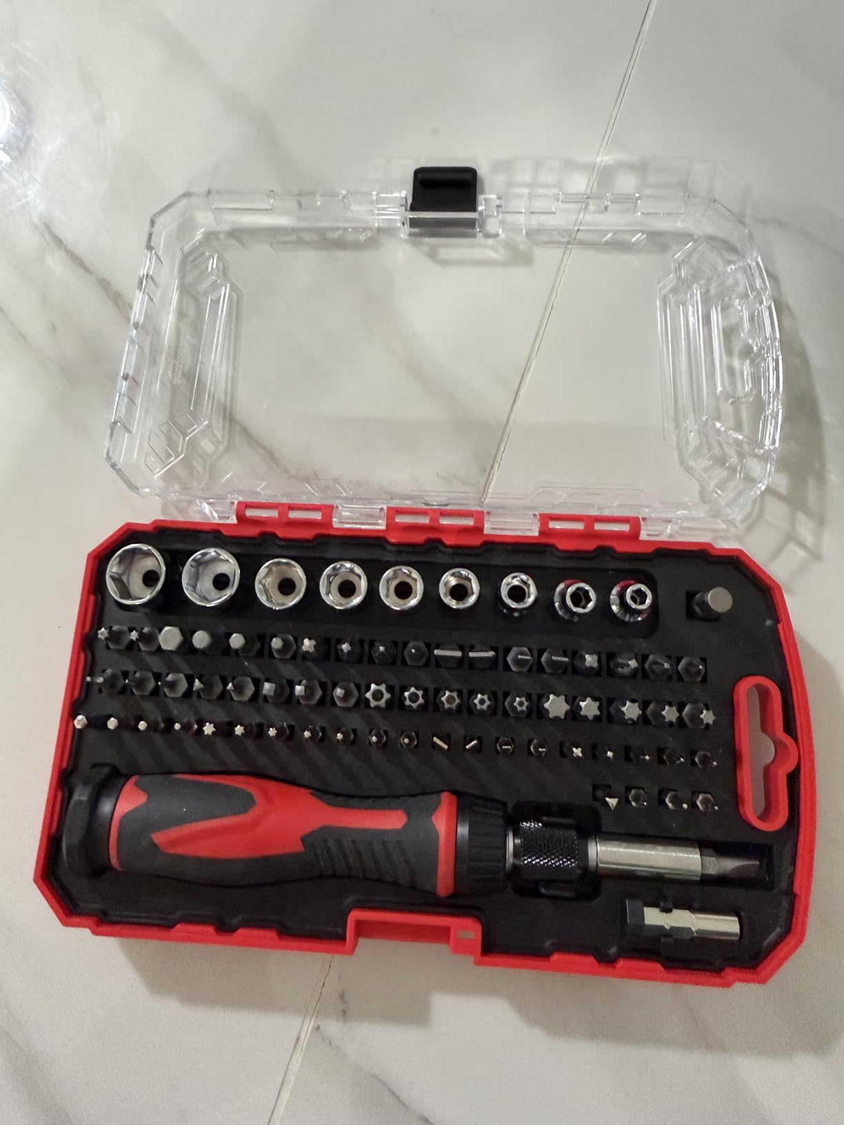Amazon Basics Magnetic Ratcheting Wrench and Electronics Precision Screwdriver Tool Set, 73-Piece, with Carry Case for Household Repair, Small Jobs, Eyeglasses, Black/Red/Silver customer photo 1