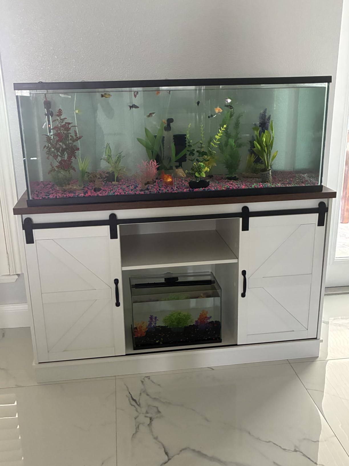 Hlivelood Farmhouse 55-75 Gallon Fish Tank Stand with Power Outlet, Aquarium Stand w/Cabinet&Sliding Barn Door, Heavy Duty Reptile Tank Stand for Fish/Turtle/Reptile Terrarium, 1000LB Capacity, Grey customer photo 1